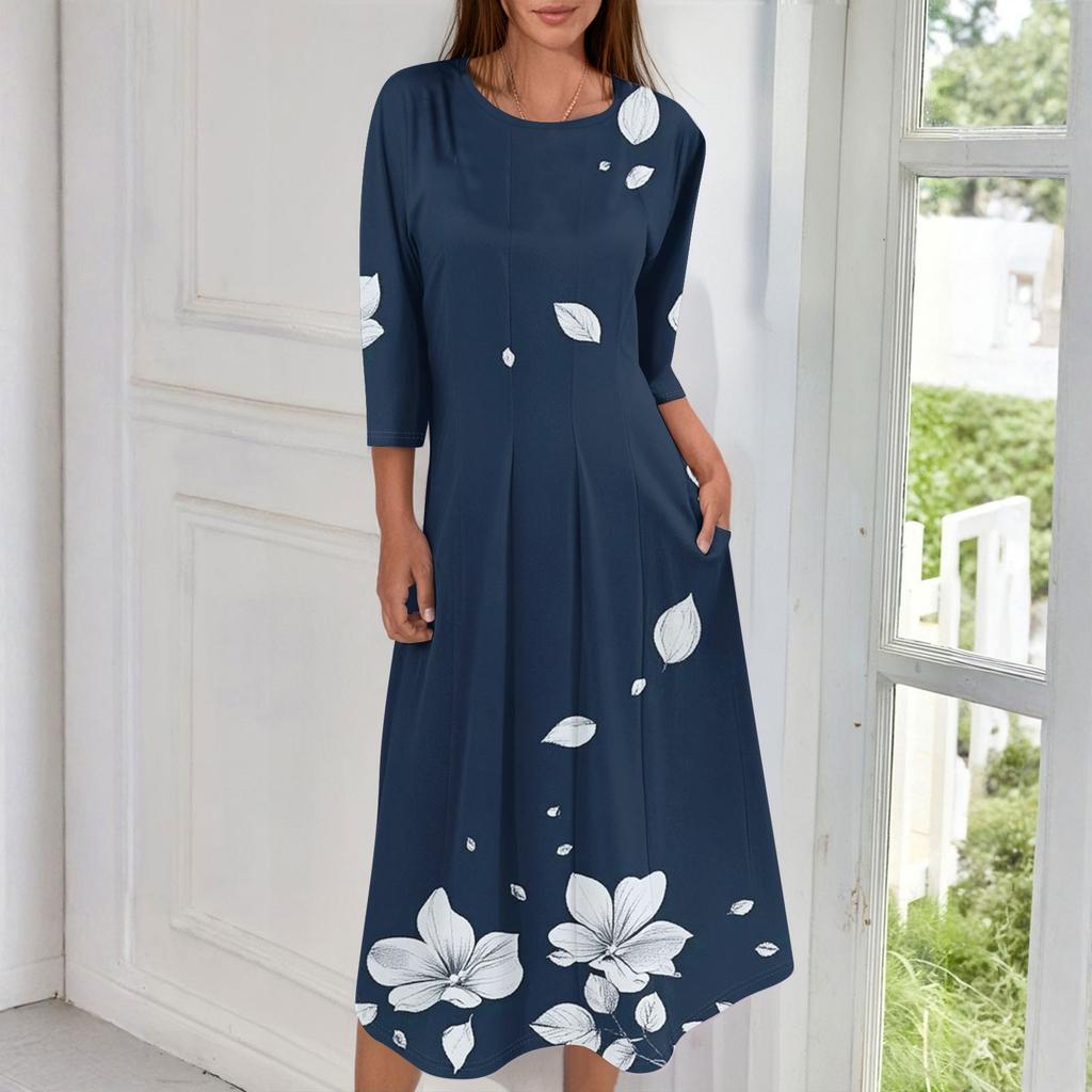 Women's Fashion Casual Round Neck Three-quarter Sleeve Midi Dress