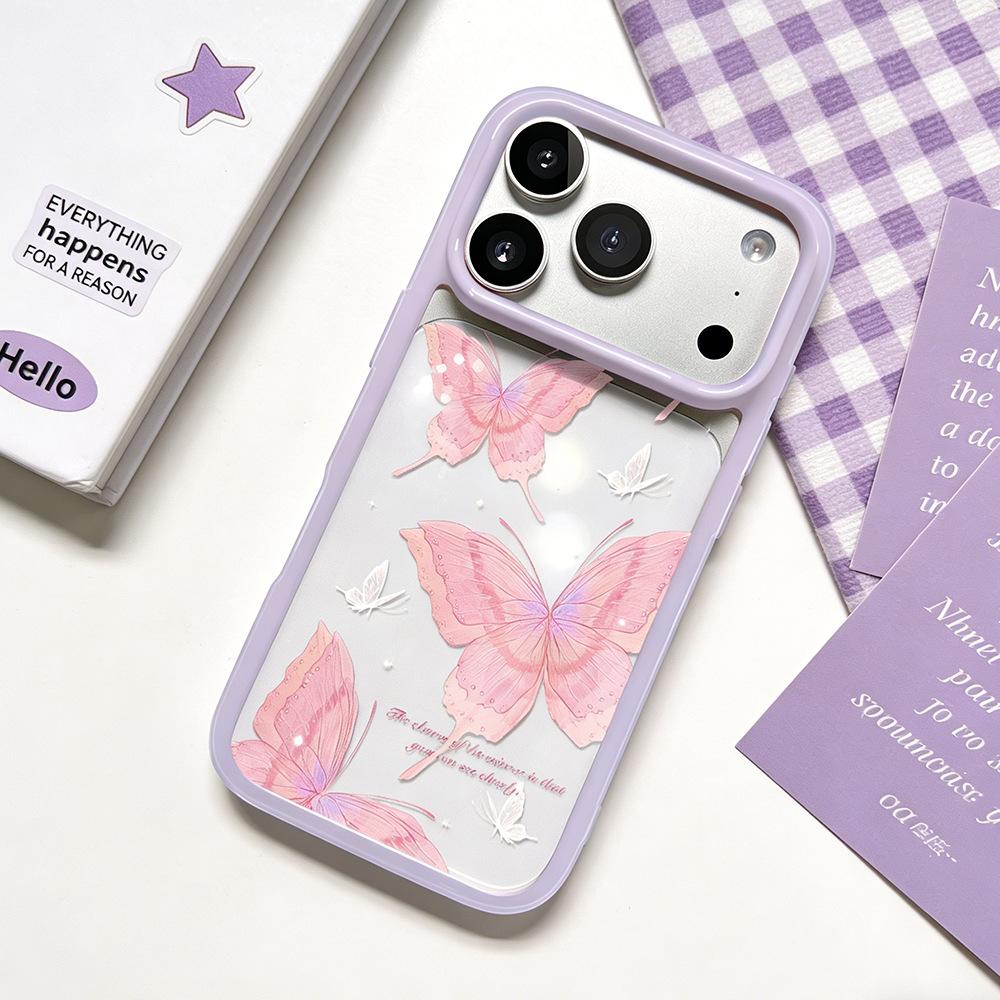 ins pink butterfly is suitable for Apple 17/16Promax anti-drop mobile phone case iPhone15 transparent all-inclusive protective case.