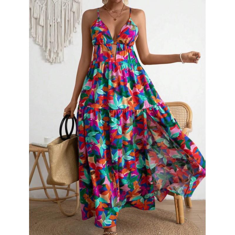 Womens Floral Print High-Waist Sleeveless Maxi Dress With Spaghetti Straps Street Style 2026 Small