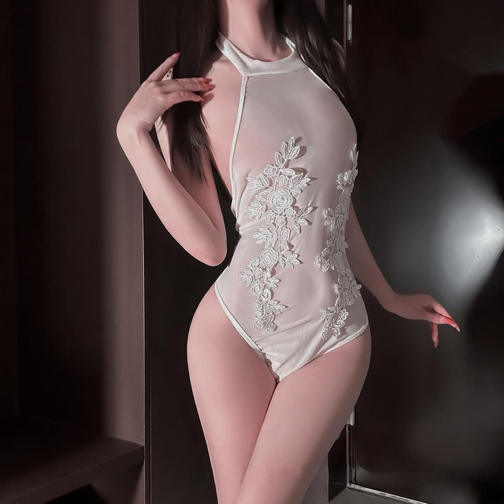 Erotic lingerie sexy see-through hot girl sex one-piece suit water soluble flower halterneck slim fit pure desire temptation nightdress set