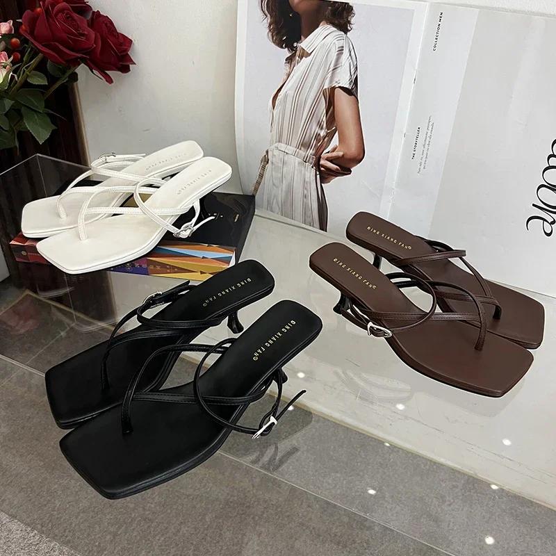 Summer Narrow Band Heel Sandals Women Low Heels Ankle Strap Fashion Square Toe Ladies Dress Sandalias Women's Flip
