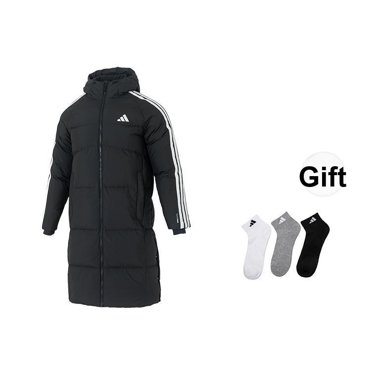 adidas 3-Stripes 3S L Down Jacket Warm Windproof Water-Resistant Duck Down Striped Zipper Hooded Long Coat Men Outerwear Black KC2498