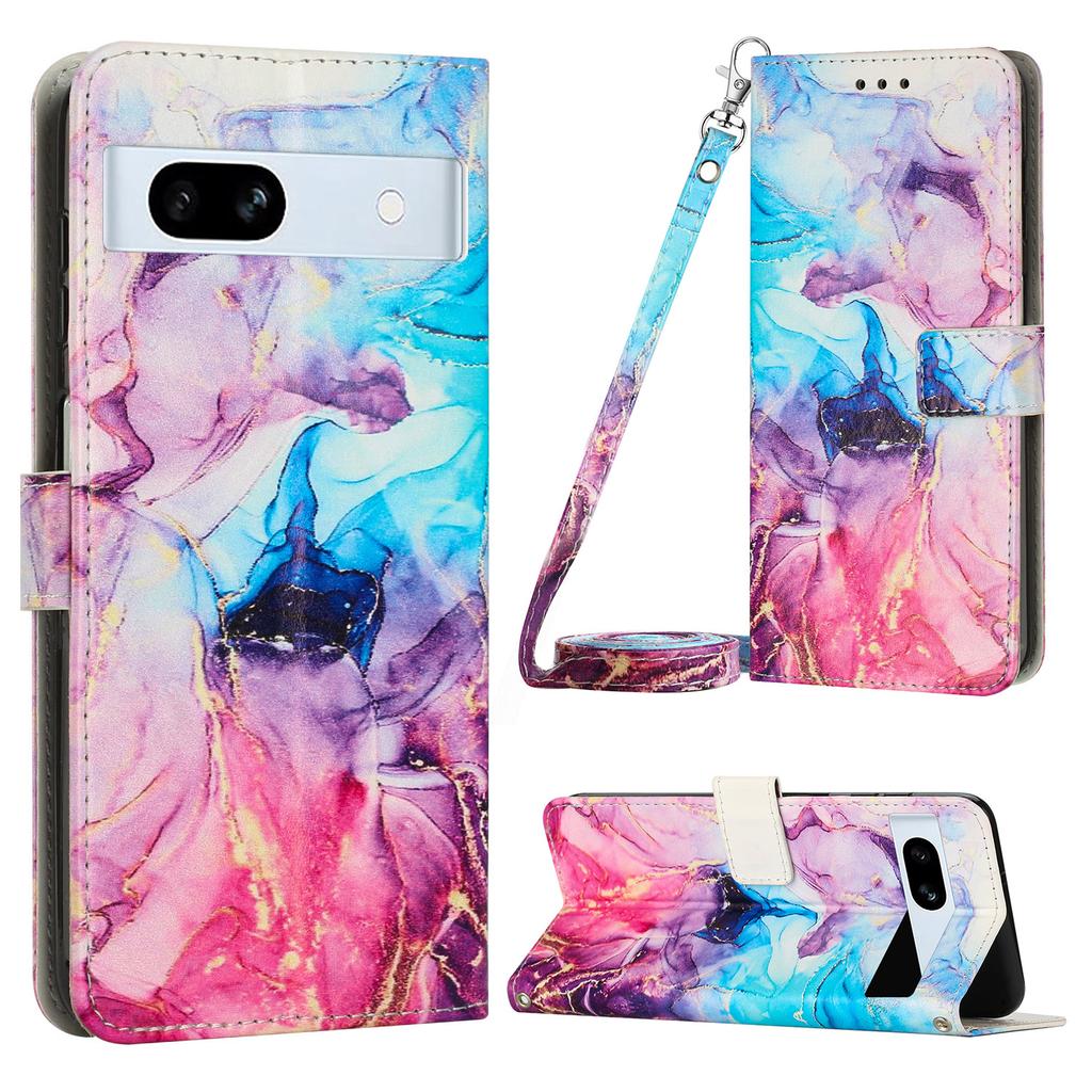 For Google Pixel 7a PU Leather Marble Pattern Case Wallet Stand Phone Cover with Shoulder Strap
