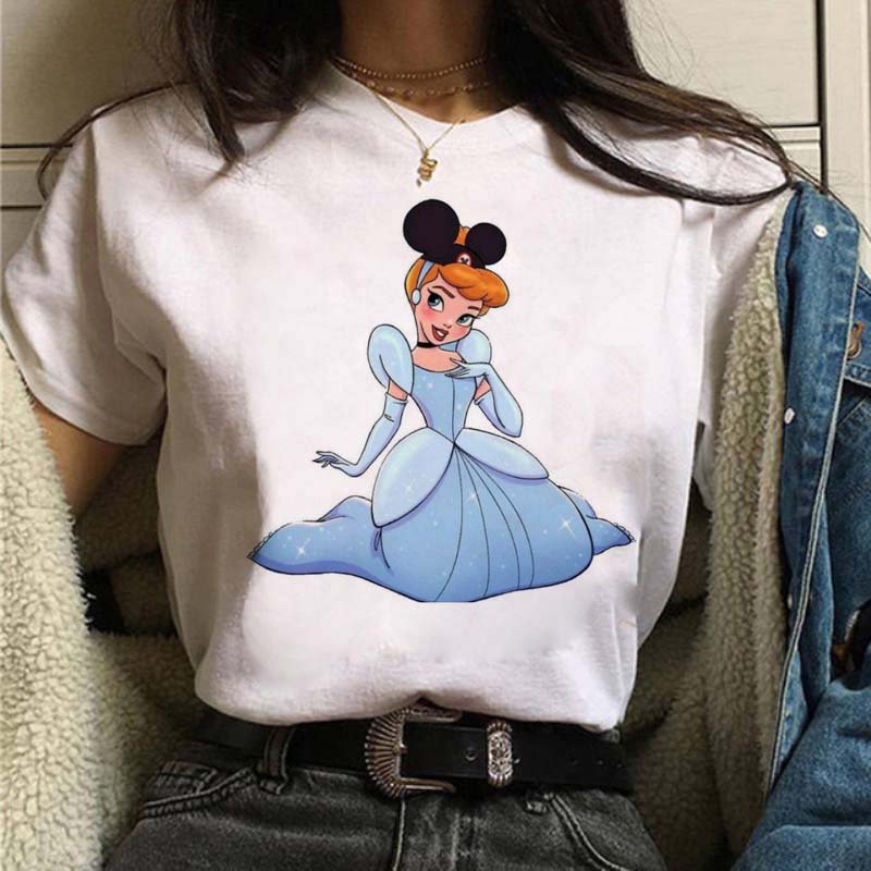 Mickey Ear Hat Ariel The Little Mermaid Print T-shirts Casual Streetwear Vintage Harajuku Princess Print T Shirt 90s Girls