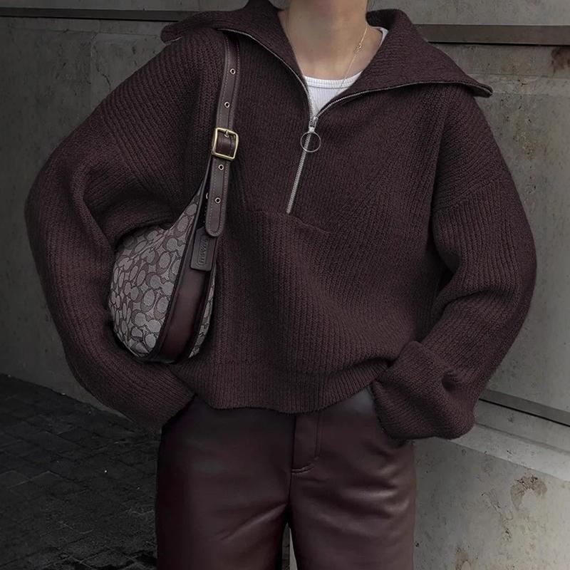 

Повседневное вязаное уличное пальто Свитера Женский свитер Осень Зима Мода Свободный Длинный рукав Половина молнии Лацкан Пуловер Свитер L коричневый