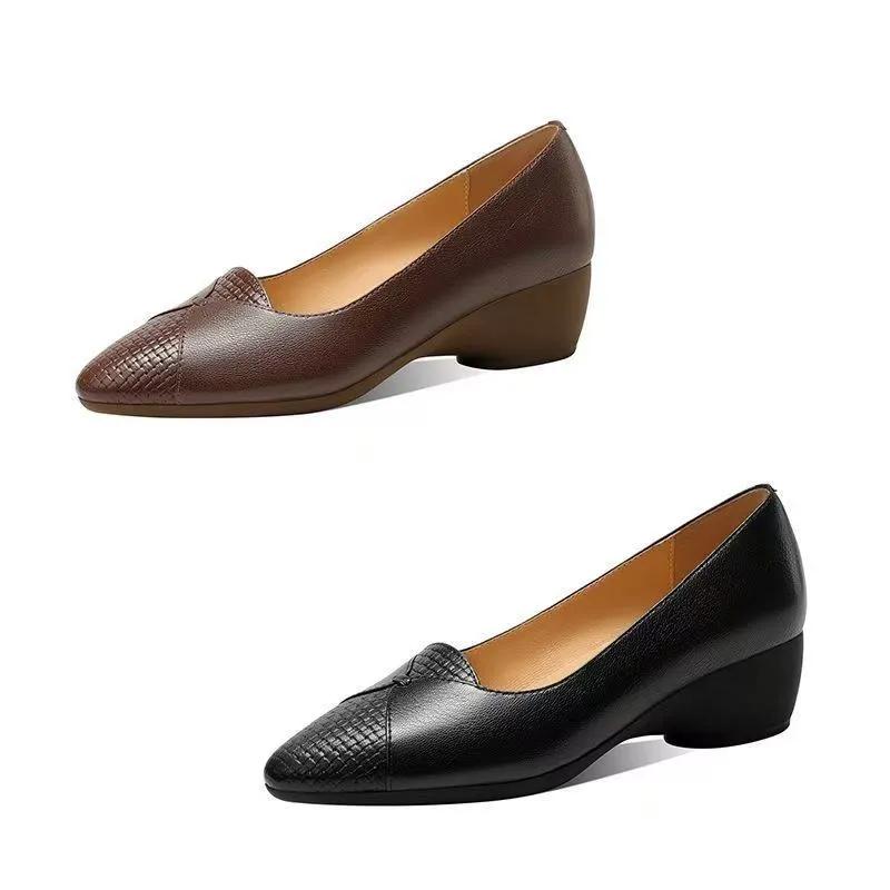  Zapatos De Mujer Women Casual Pointed Toe Black Soft Leather Spring Slip On Wedge Heel Shoes Lady Brown Pumps Ab620