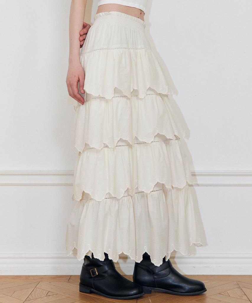 Lady Volume Cut Band Layered Ruffle Skirt (Cream Beige)