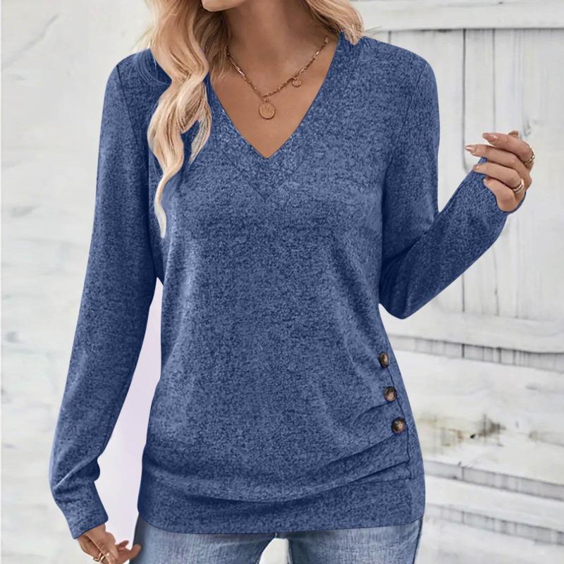 Womens Long Sleeve V Neck Solid Color T Shirt With Buttons Elegant Top