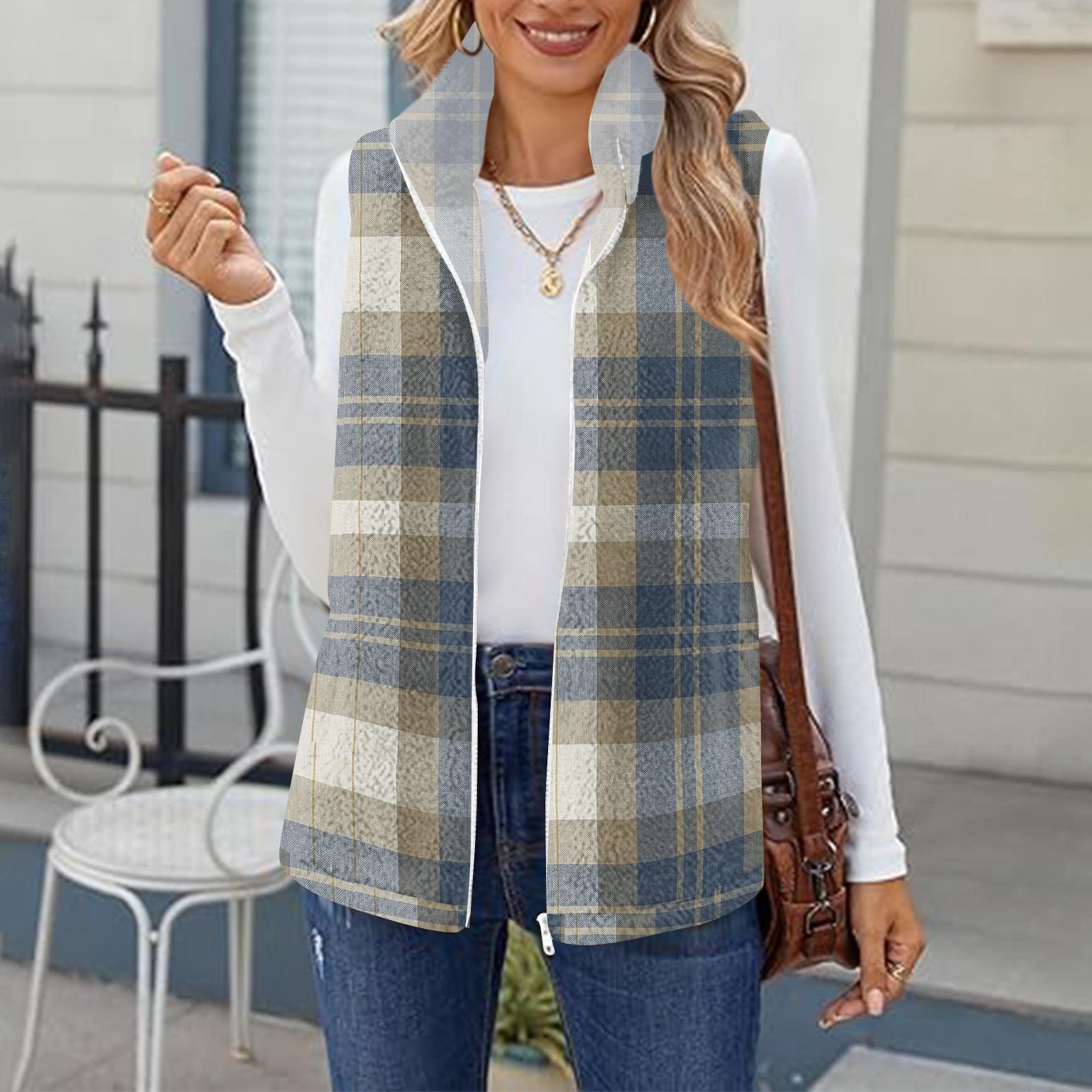 

Женский модный и теплый флисовый кардиган-жилет с клетчатым принтом L синий