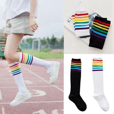 Soft Knee Over Cotton Football Socks Rainbow Stripe Stocking Long Hosiery