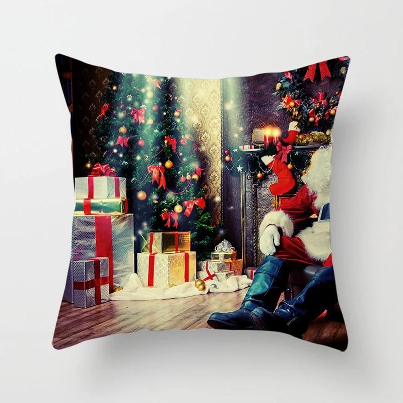 Christmas Pillowcase Winter Snow Scene Santa Claus Print Pillowcase Living Room Sofa Cushion Cover Christmas Home Decoration