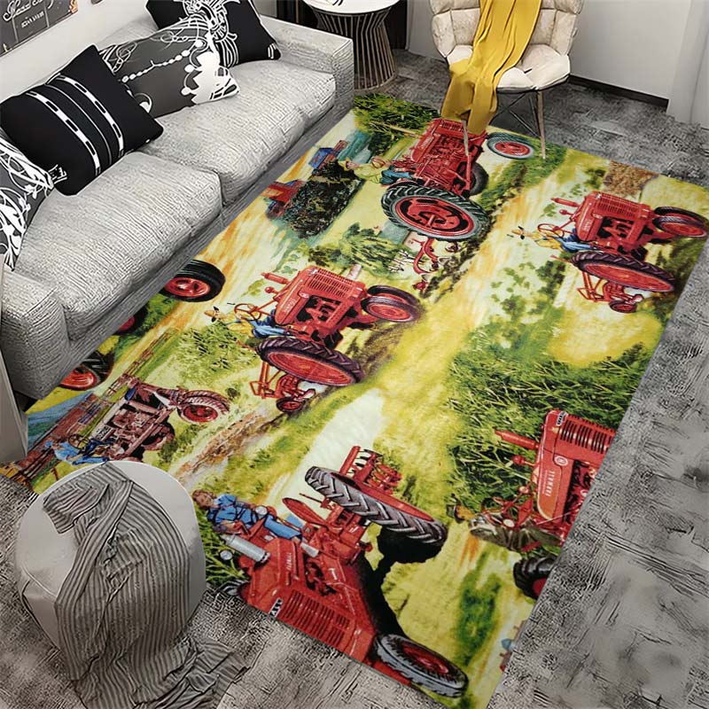 Farm Tractor Themed Play Rug, Soft Non-Slip Carpet with Green Harvesters & Crops Pattern, for Kids Bedroom & Playroom