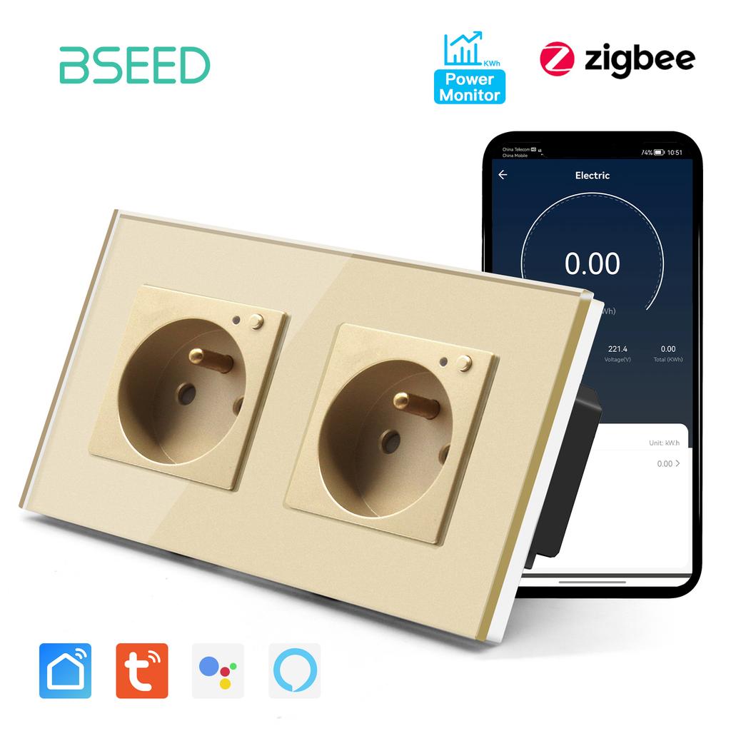 BSEED French Zigbee Socket Wall Smart Sockets Power Monitor Function Tuya Smart Life Google Alexa Voice Control Glass Panel 16A