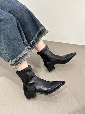 Pointed Toe Leather Booties Elegant with Medium Heels Waterproof Ankle Boots for Women Hot Sale Spring Autumn Woman Short Shoes