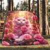 1pc Pink Rose Cat Print Outdoor Flannel Blanket , Machine Washable Perfect Gift for Birthday , Holiday Travel Accessory , Durable Material