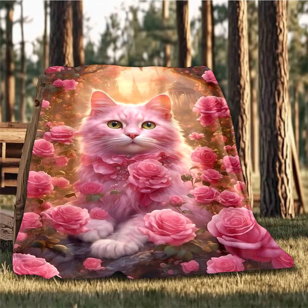 1pc Pink Rose Cat Print Outdoor Flannel Blanket , Machine Washable Perfect Gift for Birthday , Holiday Travel Accessory , Durable Material