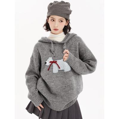 Grey Puppy Pullover Hooded Knitwear Women's Autumn New Thickened Retro Lazy Style Loose Sweater