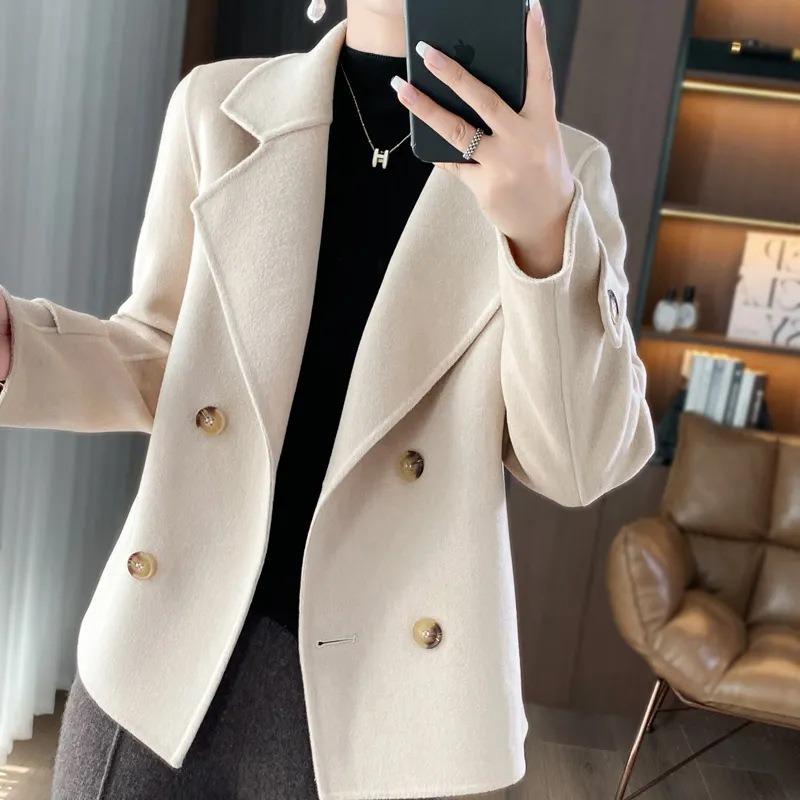 Women Loose Short Tweed Style Solid Color Turn Down Collar Casual Winter Coat