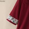 ZANZEA Women Print Splice 3/4 Sleeve Casual Stand Collar Loose Blouse