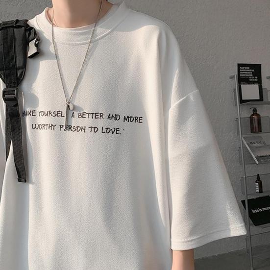 O-Neck 3/4 Sleeve Men T-shirt Ice Silk Thin Moisture Wicking Oversized Letter Print Tee Shirt Daily Clothing