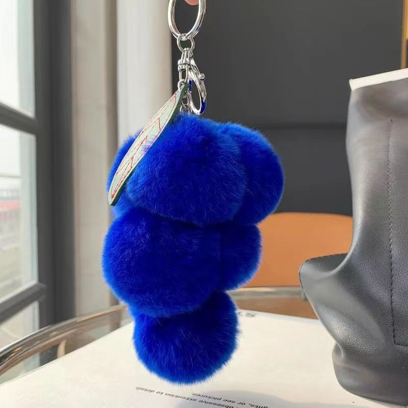 Cute Grape Poms Bag Chain Keychains Fluffy Pompoms Pendant Rex Rabbit Fur Pompoms Keyring Backpack Bag Accessories