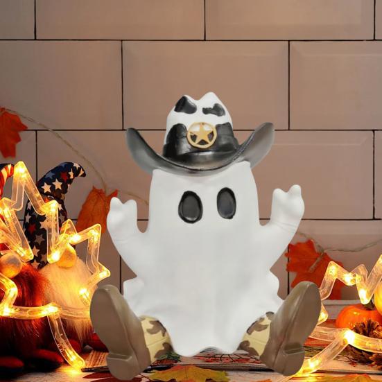 Halloweenská kovbojská socha ducha Pryskyřičná figurka ducha v kovbojských botách klobouku Stolní halloweenská dekorace ducha pro domov party středový prvek krbová římsa