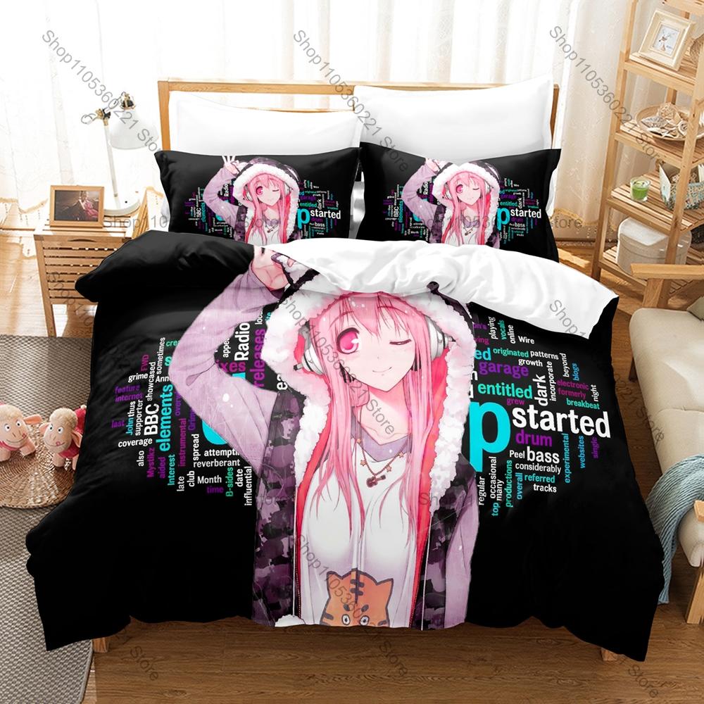 Anime Style Bedding Set, Duvet Cover + 2 Pillowcases, Super Sonico Design Comfortable Home Bedding Supplies
