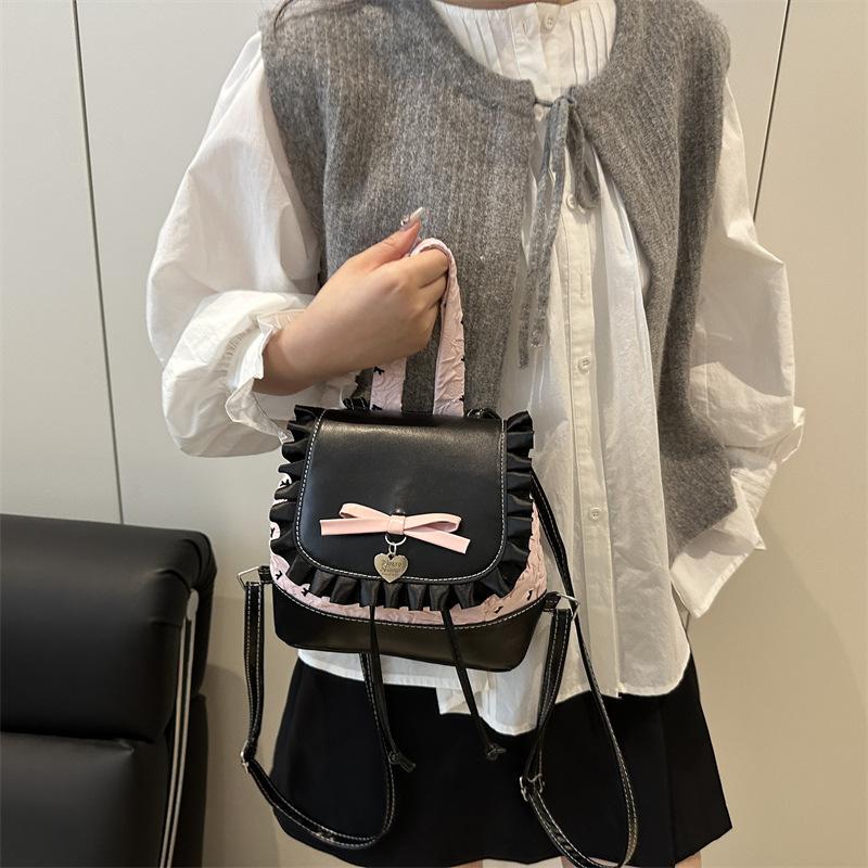 Exquisite Fashionable Women's Ballet Style Backpack Korean INS Trendy Bow Polka Dot Lace Trim Small Bucket Bag for Daily Travel