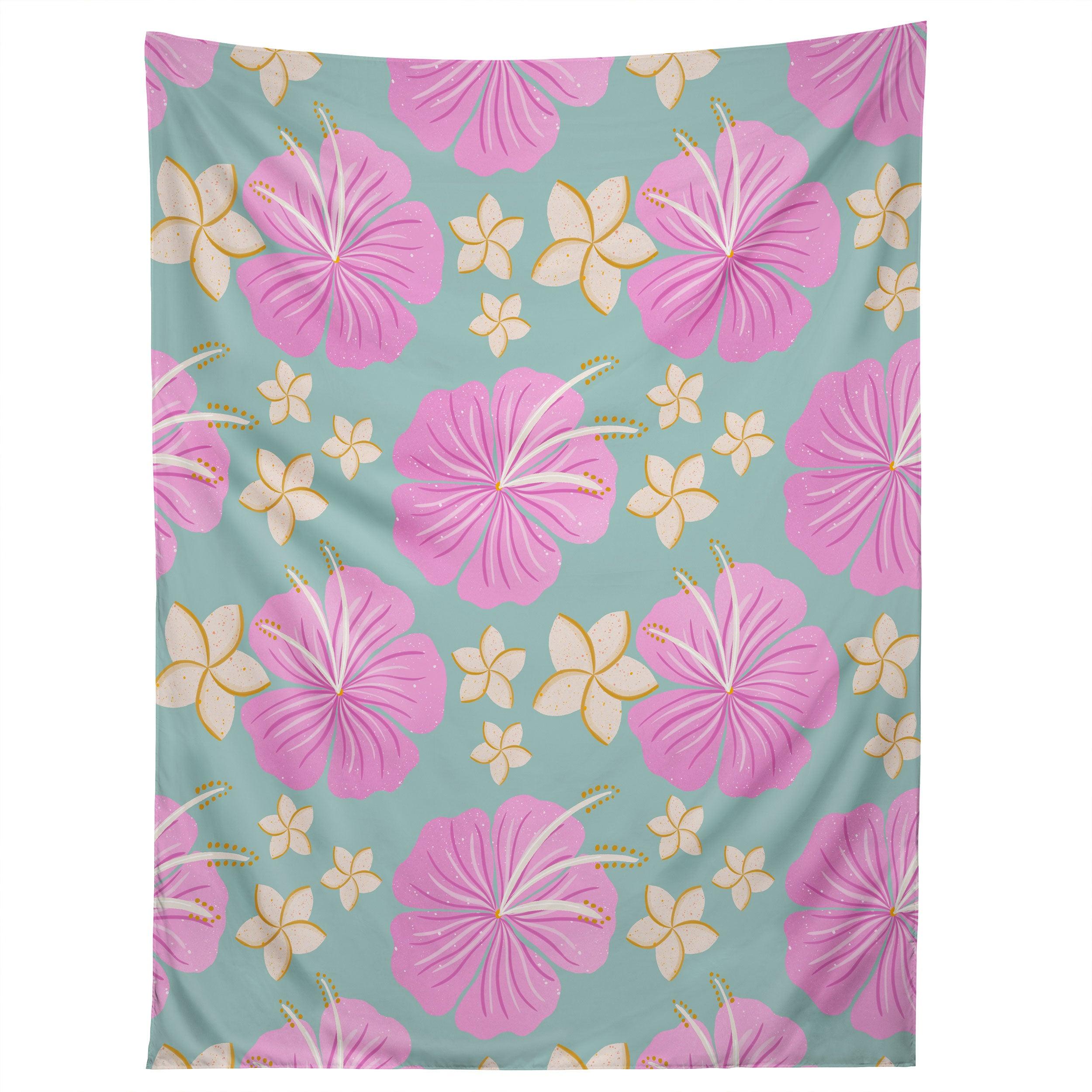 PINK AND TURQUOISE HIBISCUS tapestry 75x100