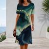 Women Plus Size Round Neck Short Sleeve Green Navy Gold Printed A Line Dress