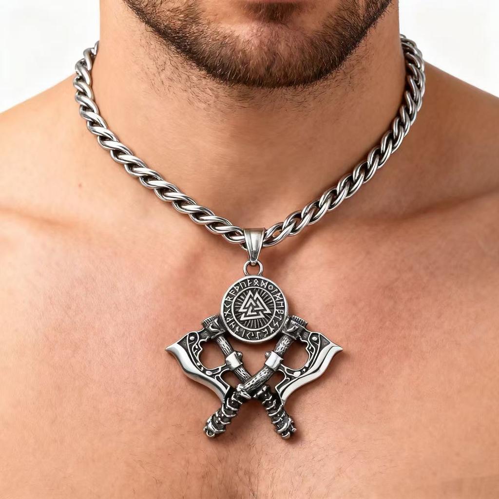 YQ 316L Stainless Steel Double Axe Viking Pendant Necklace For Men Jewelry Punk Accessories