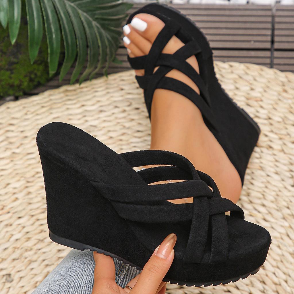 2026 Summer Cross Strap Wedge Slippers for Women Plus Size Suede Platform Peep Toe Outdoor Women Shoes High Heels Slide Sandals