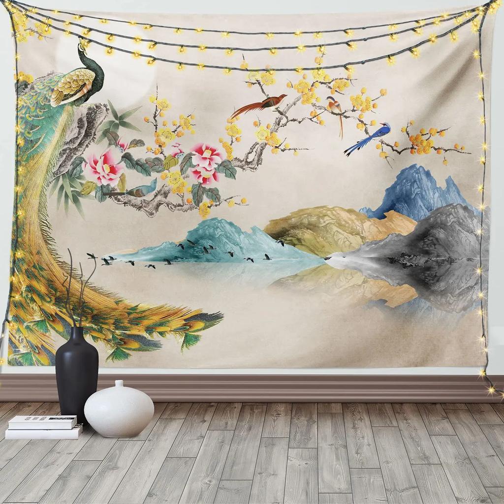 Peacock Tapestry Animal Feathers Vibrant Colors Birds Tapestry Summer Garden Wall Hanging Art for Bedroom Living Room Dorm Decor