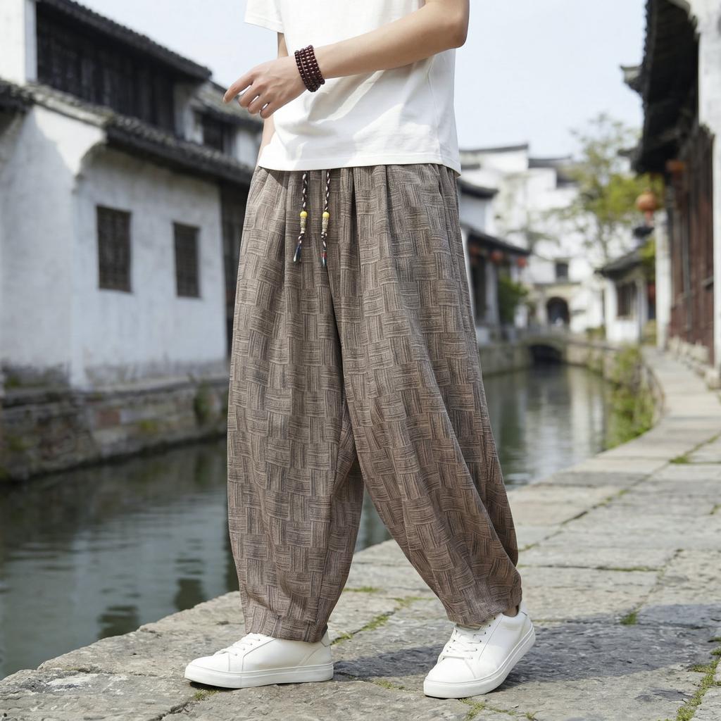 Chinese Style Summer Men's Loose Ice Silk Imitation Hemp Feel Printed Wide-leg Pants Large Size Fashion Casual Straight Pants
