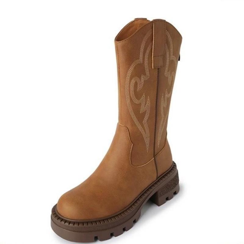 Fashion Brown Round Toe Mid Calf Shoes Woman Work Demi-season Fashion 2025 Boot Trend Gothic Cosplay New Hot Half High Boots for Women