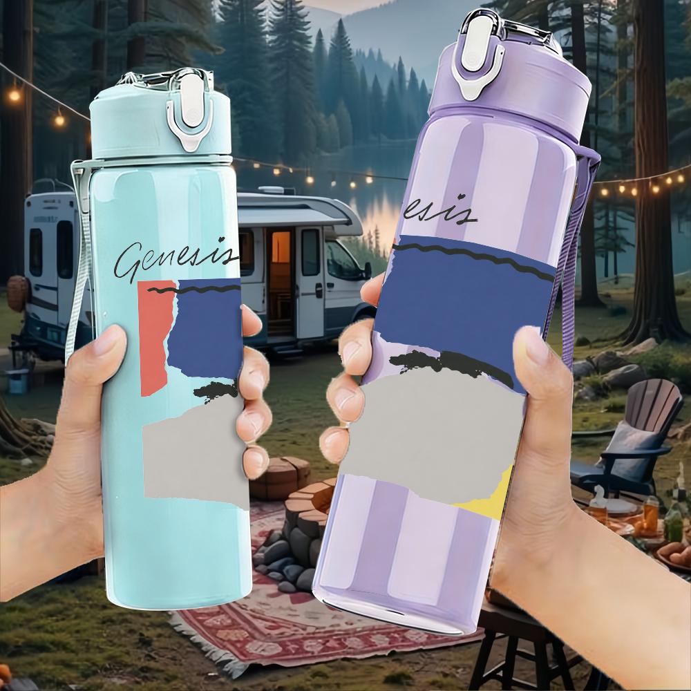 1PC Abstract color block rectangular print 750ml colorful plastic sports water bottle leakproof pop up lid with straw for outdoor work home use