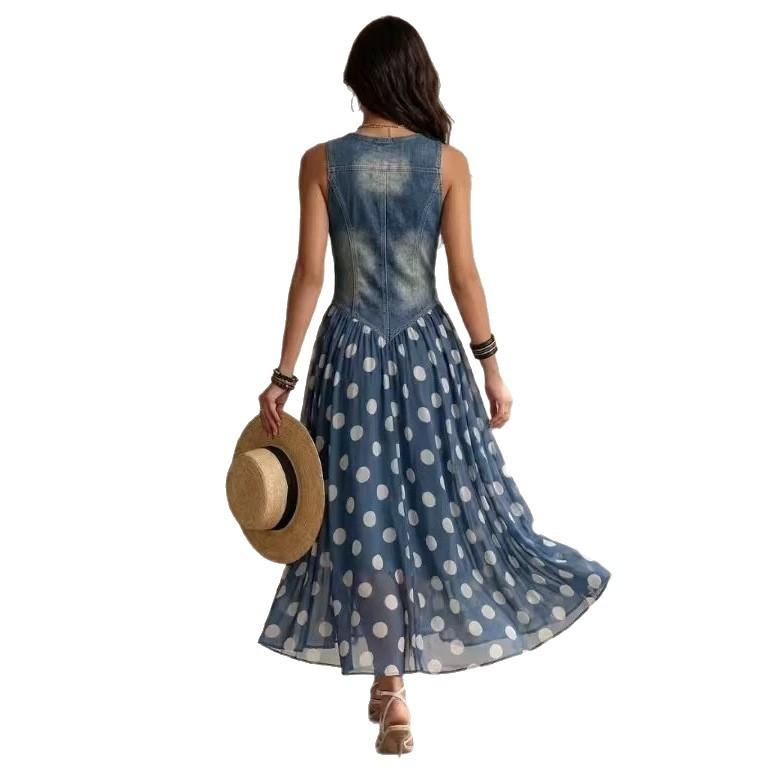 2026 Independent Station European and American fashion casual printing imitation denim top polka dot skirt