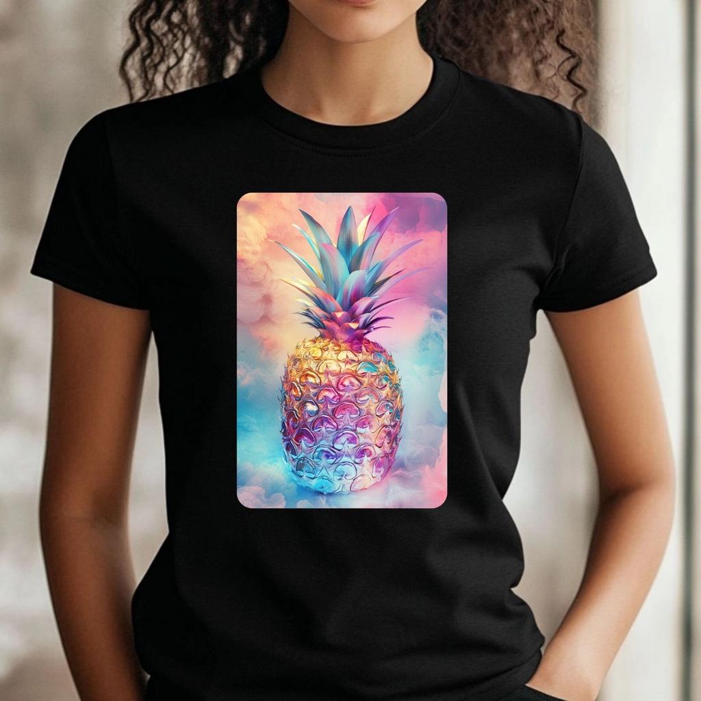 T-Shirt Frauen Ananas Holografisch Motiv Baumwolle Größe XS bis 3XLWird in neuem Fenster oder Tab geöffnet