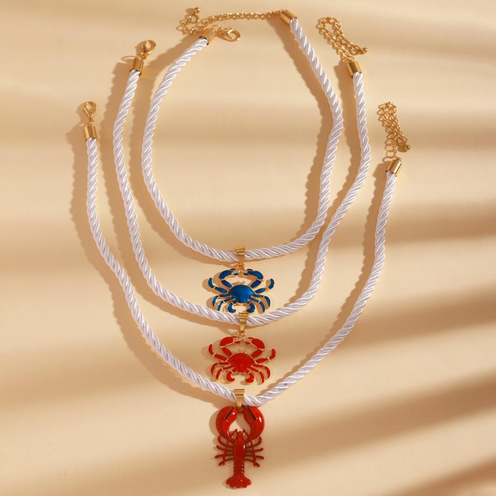 Cute Colorful Enamel Crab Lobster Ocean Animal Pendant White Rope Chain Necklace for Men Women Ocean Style Vacation Jewelry Gift