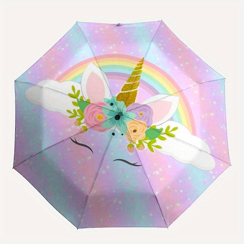 Unicorn,Rainbow Themed Automatic Folding Umbrella 8 Ribs Durable Iron Frame, Vibrant Color Design, Compact Travel Umbrella for Beach, Outdo