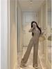Irregular Slim Fit V-neck Top & Micro Flare Wide Leg Pants Set for Women - Autumn Collection 2026