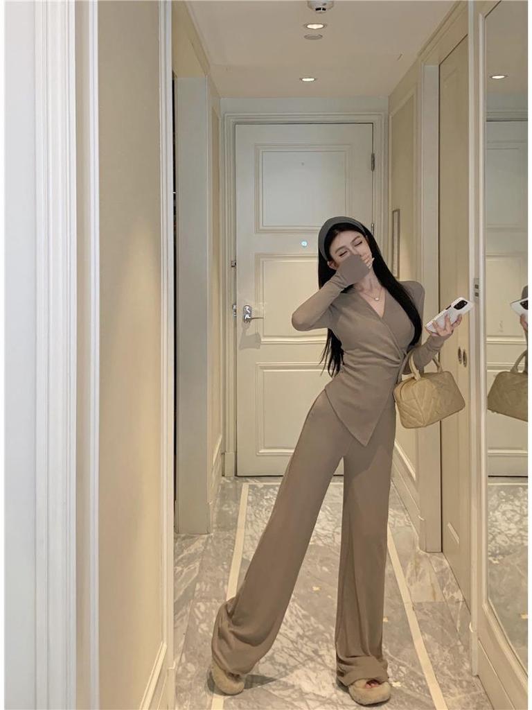 Irregular Slim Fit V-neck Top & Micro Flare Wide Leg Pants Set for Women - Autumn Collection 2026