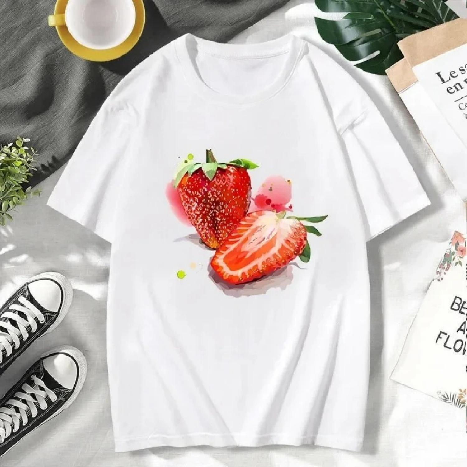 

New Kawaii Fruits Strawberry Print Women Tshirt Tops Casual Female Short-sleeved Streetwear Black Round Neck Summer T-shirts XXXXXL білий