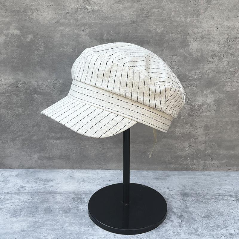 25-Day Striped Flat Top Hat Casual Retro Versatile Linen Newsboy Hat Women'S Spring And Summer Face Small Painter Hat