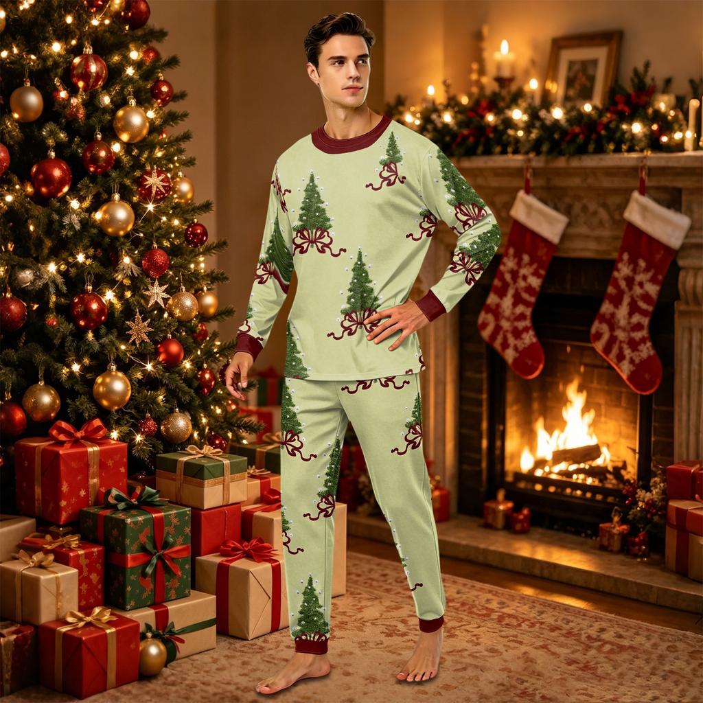 Parent-Child Matching Christmas Print Long Sleeve Neck Loungewear Set with Long Pants