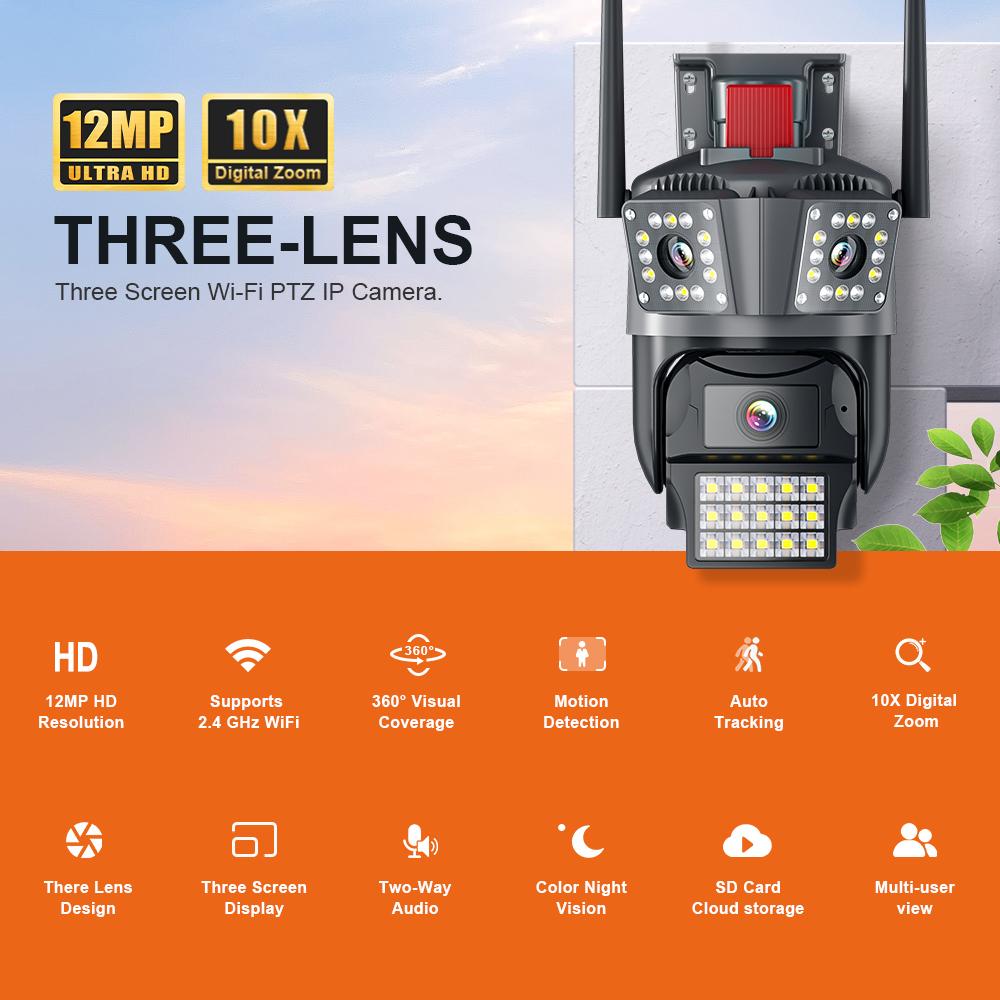 

6K 12MP Three Screens 8X Zoom WiFi Camera 8MP 4K PTZ Security Protection Motion Human Detection Outdoor IP CCTV Survalance 6K 12MP No Card