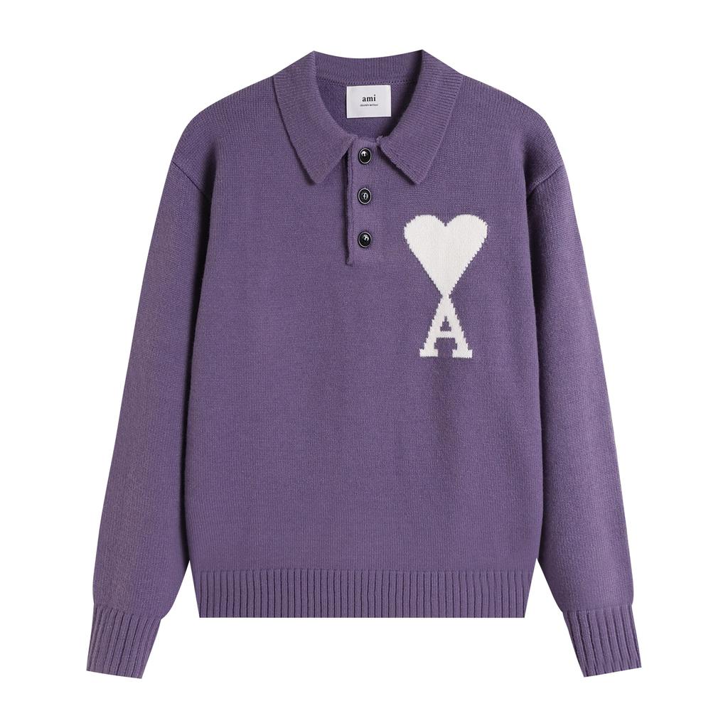 AMI New Polo Collar Knitted Sweater Jacquard Love Couple Woolen Sweater