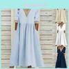 Robe décontractée en coton et lin avec col en V et détails à volants, idéale pour le printemps.