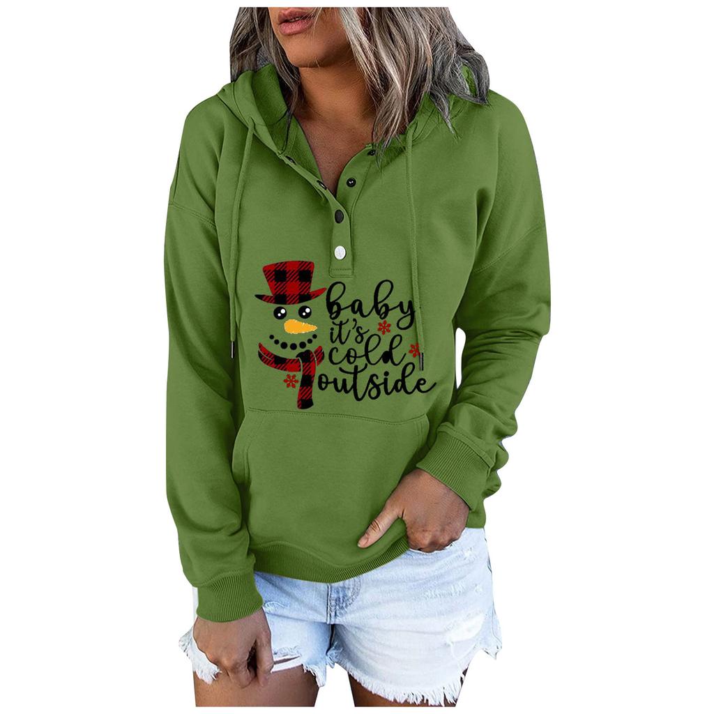 Women  Winter Casual Christmas Fashion Print Hooded Button Sweatshirt