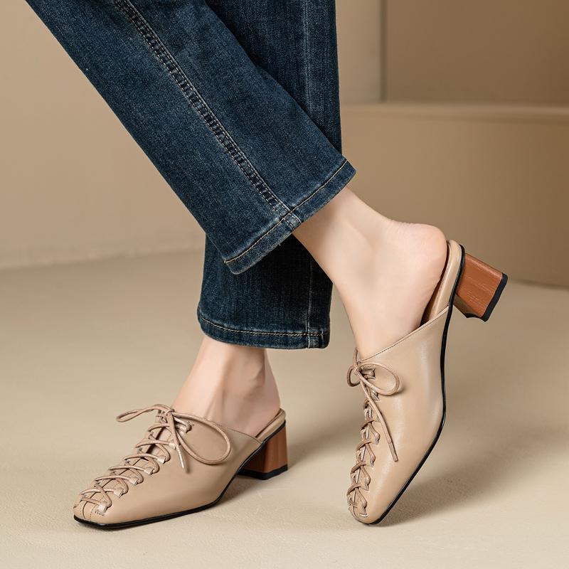 Fashion 2024 Women's New Spring/Summer Square Headed Genuine Leather Lace Up Middle Heel Large Headed Muller Slippers